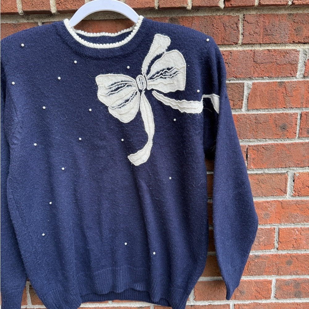 Vintage Alfred Dunner Navy Blue Bow Sweater Size Medium Women’s - Picture 2 of 4
